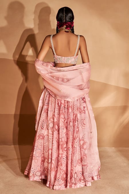 Shop Bhumika Sharma Pink Organza Zari, Embroidery V-neck Bahaar Print Lehenga Set at Aza Fashions Shop_Bhumika Sharma_Pink Organza Zari, Embroidery V-neck Bahaar Print Lehenga Set _at_Aza_Fashions