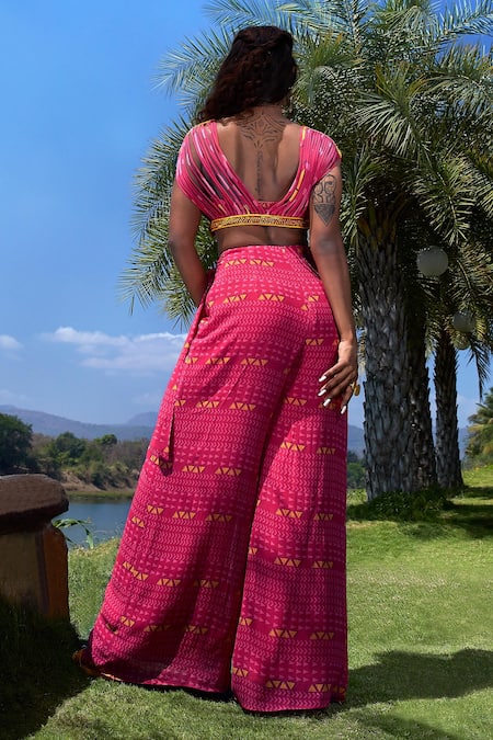 Shop Babita Malkani Pink Georgette Beads Plunge Neck Corded Top And Overlapped Pant Set at Aza Fashions Shop_Babita Malkani_Pink Georgette Beads Plunge Neck Corded Top And Overlapped Pant Set _at_Aza_Fashions