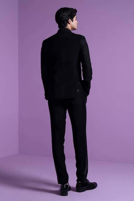 Shop Contrast By Parth Black Cotton, Silk Crystals, Embroidery Moonbeam Embellished Tuxedo Pant Set at Aza Fashions Shop_Contrast By Parth_Black Cotton, Silk Crystals, Embroidery Moonbeam Embellished Tuxedo Pant Set _at_Aza_Fashions