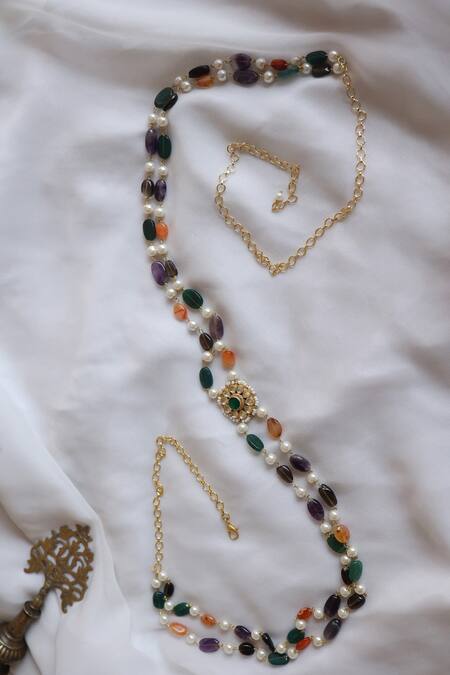 Paisley Pop_Gold Plated Embroidery Kundan Waist Belt _Online_at_Aza_Fashions