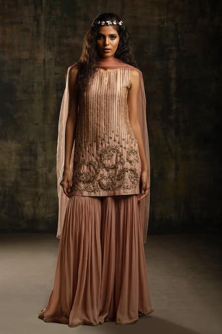 Shop Mona And Vishu Pink Silk, Georgette, Tulle Zari, Embroidery, Beads Zardozi Kurta Sharara Set at Aza Fashions Shop_Mona And Vishu_Pink Silk, Georgette, Tulle Zari, Embroidery, Beads Zardozi Kurta Sharara Set _at_Aza_Fashions