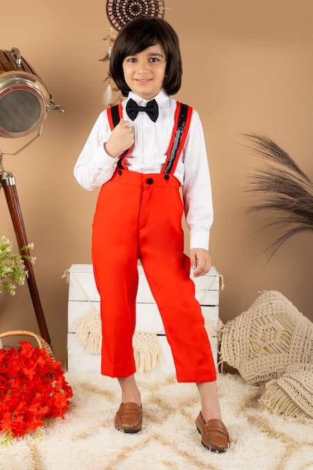 Shop The Little Celebs Red Cotton, Lycra Sequins Suspender Pant And Shirt Set at Aza Fashions Shop_The Little Celebs_Red Cotton, Lycra Sequins Suspender Pant And Shirt Set _at_Aza_Fashions