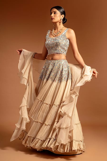 Shop Sejal Kamdar Ivory Pure Satin Crepe Embellished Ajrak Scoop And Gajji Silk Tiered Lehenga Set at Aza Fashions Shop_Sejal Kamdar_Ivory Pure Satin Crepe Embellished Ajrak Scoop And Gajji Silk Tiered Lehenga Set _at_Aza_Fashions