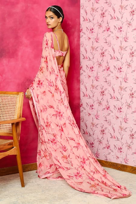 Shop Dohr India Pink Organza, Silk Embroidery Florette Print Saree With Unstitched Blouse Piece at Aza Fashions Shop_Dohr India_Pink Organza, Silk Embroidery Florette Print Saree With Unstitched Blouse Piece _at_Aza_Fashions
