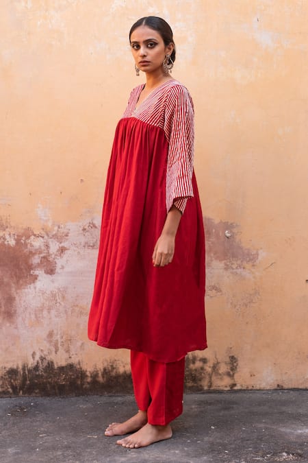 Shop Avaasya Jaipur Red Cotton, Silk Gota Patti V-neck V Anarkali And Pant Set at Aza Fashions Shop_Avaasya Jaipur_Red Cotton, Silk Gota Patti V-neck V Anarkali And Pant Set _at_Aza_Fashions