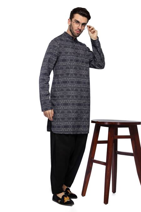 A!A By Abrar Ali_Blue Fine Poplin Printed Digital Short Kurta With Churidar_Online_at_Aza_Fashions