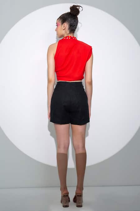 Shop Pocketful Of Cherrie Red Crepe Embroidery High Neck Thread Top at Aza Fashions Shop_Pocketful Of Cherrie_Red Crepe Embroidery High Neck Thread Top_at_Aza_Fashions