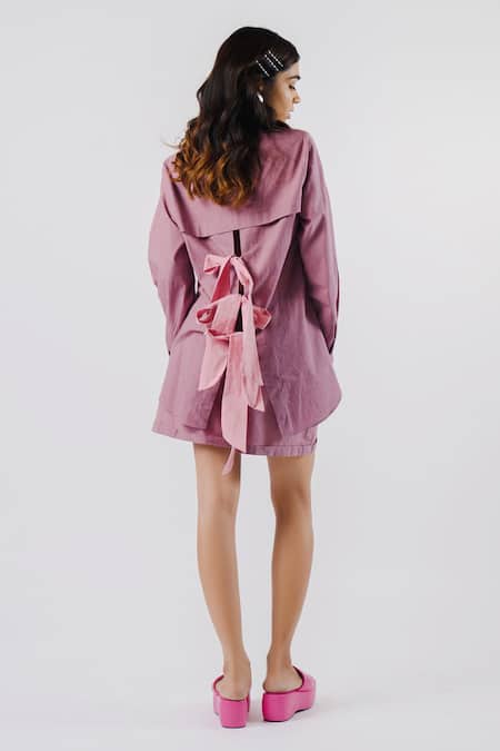 Shop Tussah By Siddhi Shah Purple Cotton Collared Back Tie-up Shirt And Shorts Set at Aza Fashions Shop_Tussah By Siddhi Shah_Purple Cotton Collared Back Tie-up Shirt And Shorts Set _at_Aza_Fashions