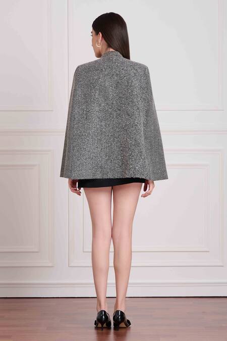 Shop Taroob Grey Quality - Wool Blend Chevron, Floral Chinese Collar Pattern Work Cape at Aza Fashions Shop_Taroob_Grey Quality - Wool Blend Chevron, Floral Chinese Collar Pattern Work Cape_at_Aza_Fashions