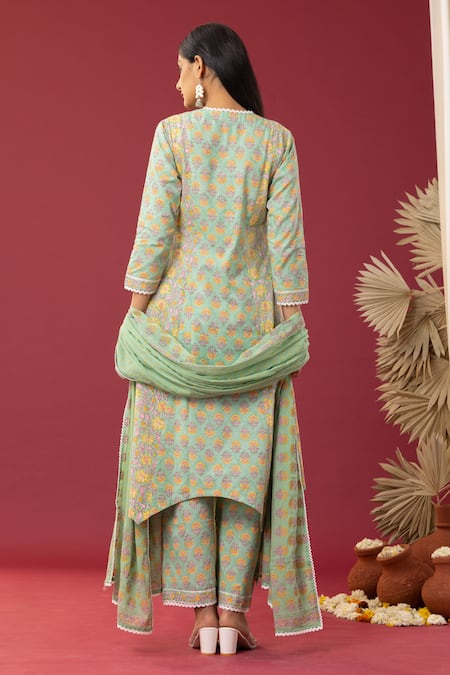 Shop Abbaran Green Cotton Embroidery Scoop Neck Floral Print Asymmetric Kurta Palazzo Set at Aza Fashions Shop_Abbaran_Green Cotton Embroidery Scoop Neck Floral Print Asymmetric Kurta Palazzo Set _at_Aza_Fashions