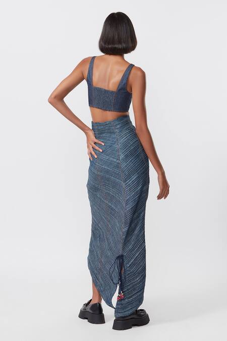 Shop Saaksha & Kinni Blue Denim Embroidery Square Neck Cut Bustier at Aza Fashions Shop_Saaksha & Kinni_Blue Denim Embroidery Square Neck Cut Bustier_at_Aza_Fashions