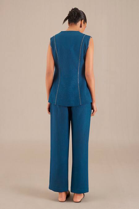 Shop Ampm Blue Linen Embroidery Round Neck Asymmetric Jacket And Pant Set at Aza Fashions Shop_Ampm_Blue Linen Embroidery Round Neck Asymmetric Jacket And Pant Set_at_Aza_Fashions
