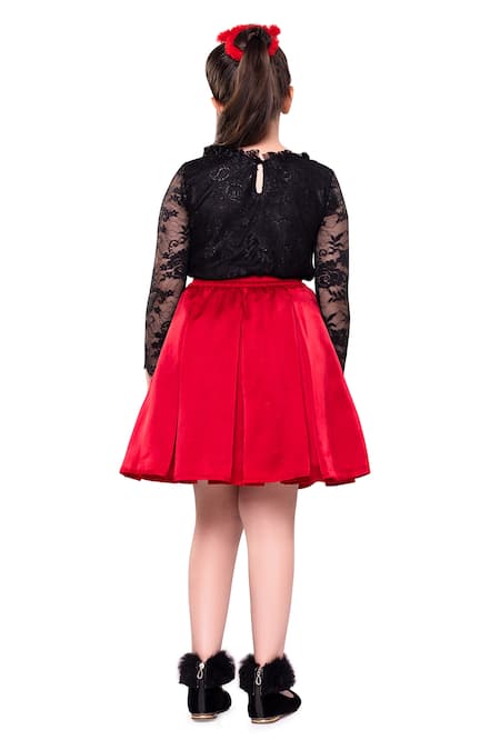 Shop Littlecheer Red Chiffon, Satin Lace, Embroidery Shine Star Skirt Set at Aza Fashions Shop_Littlecheer_Red Chiffon, Satin Lace, Embroidery Shine Star Skirt Set _at_Aza_Fashions