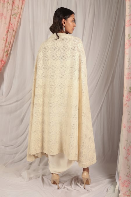Shop_House Of TA-YA_Cream Modal, Satin Sequins V-neck, Hand Embroidered Jacket And Dhoti Skirt Set _at_Aza_Fashions