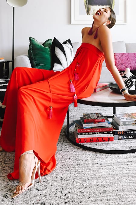 Shop_Style Junkiie_Red Georgette Tassels Square Neck Ornamented Asymmetric Hem Jumpsuit _at_Aza_Fashions
