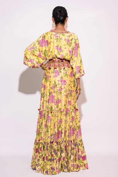 Shop_Aangan By Parul_Yellow Silk Print And Embroidery Floral V Neck Top & Skirt Set _at_Aza_Fashions