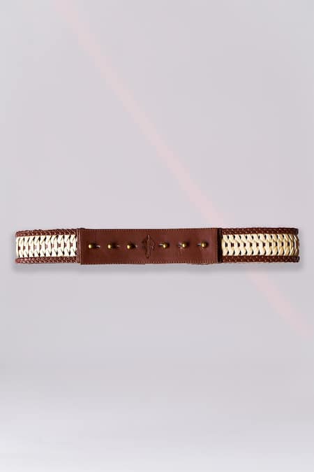 Shop_S&N by Shantnu Nikhil_Brown Embroidery Embellished Leather Belt _at_Aza_Fashions