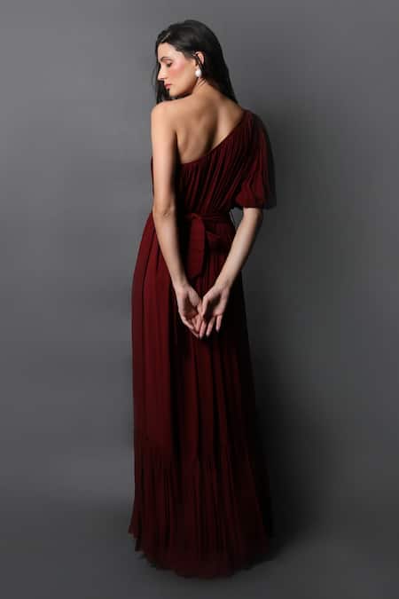 Swatee Singh Pleated Hem One-Shoulder Gown 