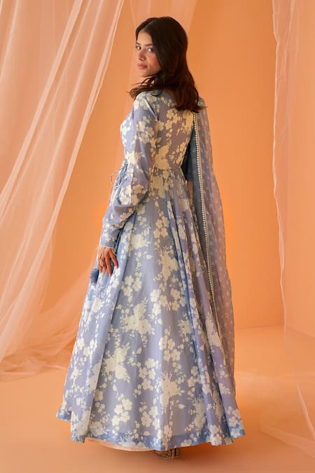 Shop_Lashkaraa_Blue Chanderi Tassels, Embroidery V-neck, Mandarin Floral Printed Anarkali Set _at_Aza_Fashions