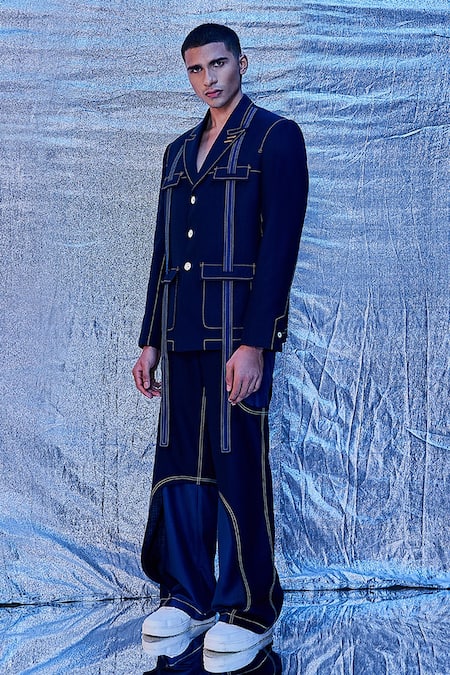 Shop_Line Out Line_Blue Cotton Embroidered Thread Stitch Work Notched Collar Safari Jacket_at_Aza_Fashions