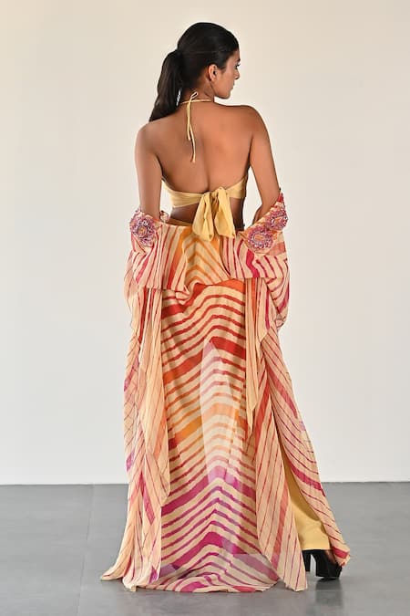 Shop_K-Anshika_Yellow Georgette Beads, Sequins V-neck, Halter Stripe Pattern Jacket Pant Set _at_Aza_Fashions