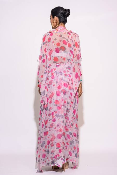 Shop_Aangan By Parul_Grey Silk And Chiffon Floral Pattern & Embellishment Tassels Palazzo Set  _at_Aza_Fashions