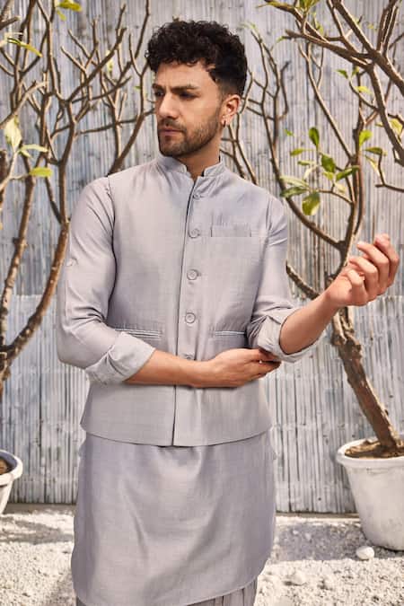 Shop_Charkhee_Gray Chanderi, Cotton Beads Hand Embroidered Jacket _at_Aza_Fashions