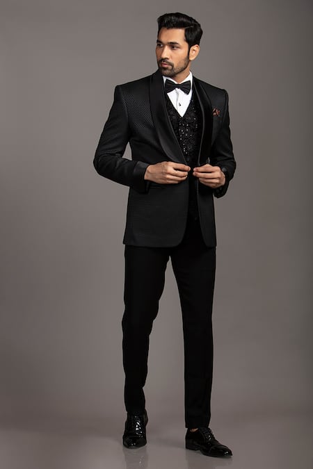 Shop_Jayesh Shah_Black Velvet Pattern Blazer Pant Set_at_Aza_Fashions