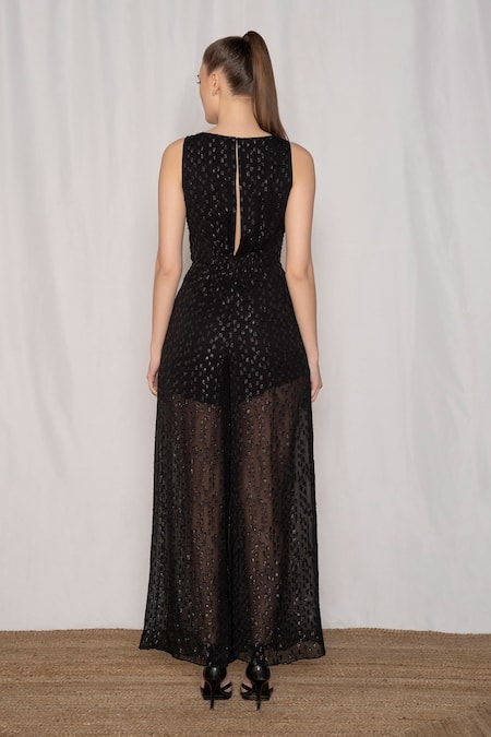 Shop Amrta By Guneet Kondal Black Viscose, Georgette Round Neck Front Cut Out Jumpsuit at Aza Fashions Shop_Amrta By Guneet Kondal_Black Viscose, Georgette Round Neck Front Cut Out Jumpsuit _at_Aza_Fashions