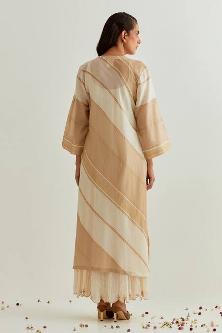 Shop_Prama By Pratima Pandey_Ivory Chanderi Embroidered Parsi Round Dabka Dress With Inner  _at_Aza_Fashions