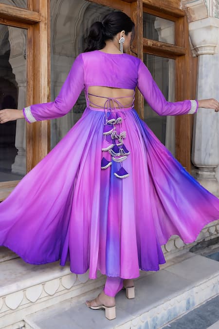 Shop Pomcha Jaipur Purple Muslin, Chiffon Gota Patti Split V-neck Ombre Anarkali Pant Set at Aza Fashions Shop_Pomcha Jaipur_Purple Muslin, Chiffon Gota Patti Split V-neck Ombre Anarkali Pant Set _at_Aza_Fashions