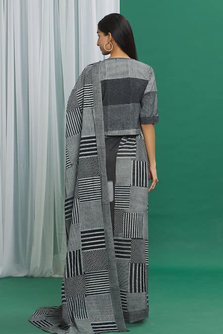Shop_Banana Labs_Black Cotton Print Stripes Pattern Saree_at_Aza_Fashions
