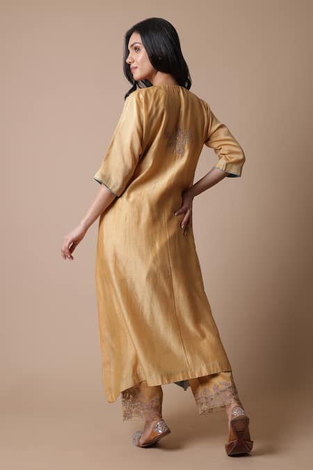 Shop_Rhua_Yellow Silk, Cotton, Silk, Embroidery, Neeti Kurta Pant Set _at_Aza_Fashions