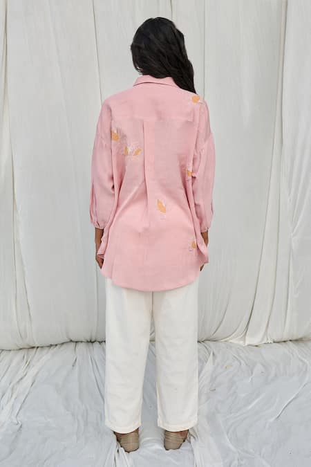 Shop_Ayaka_Pink 100% Organic Cotton Made With Soyabean Fibres Embroidered Applique Flower _at_Aza_Fashions