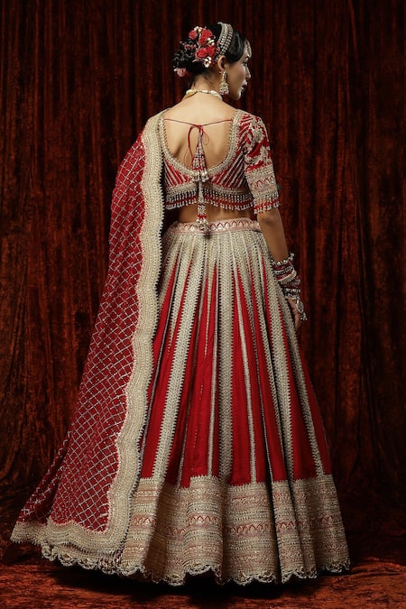 Shop Shikhar Sharma Red Silk, Georgette, Chanderi Beads, Tassels Ruby Embroidered Bridal Lehenga Set at Aza Fashions Shop_Shikhar Sharma_Red Silk, Georgette, Chanderi Beads, Tassels Ruby Embroidered Bridal Lehenga Set _at_Aza_Fashions