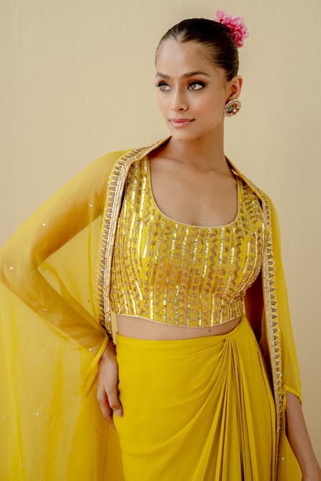 Mint Blush Embroidered Cape Draped Skirt Set 