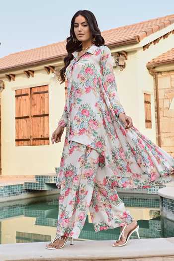 Shop Palak & Mehak Multi Color Crepe Collared Ria Vintage Floral Print Tunic With Pant at Aza Fashions Shop_Palak & Mehak_Multi Color Crepe Collared Ria Vintage Floral Print Tunic With Pant _at_Aza_Fashions