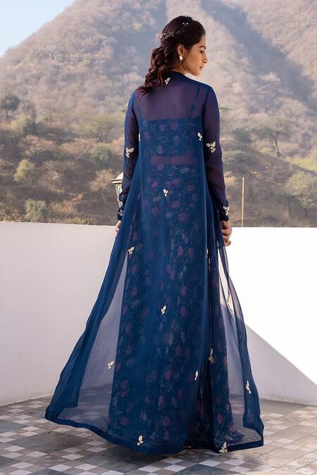 Shop_Suruchi Parakh_Blue Organza, Georgette Pearls, Embroidery Round Neck, Jacket Flared Pant Set _at_Aza_Fashions