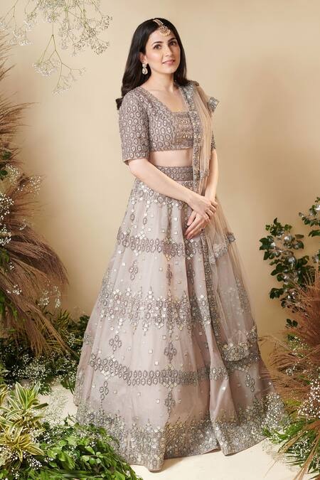 Buy Grey Organza Embroidered Sequins Square Neck Vera Bridal Lehenga Set  For Women by Reeti Arneja Online at Aza Fashions.