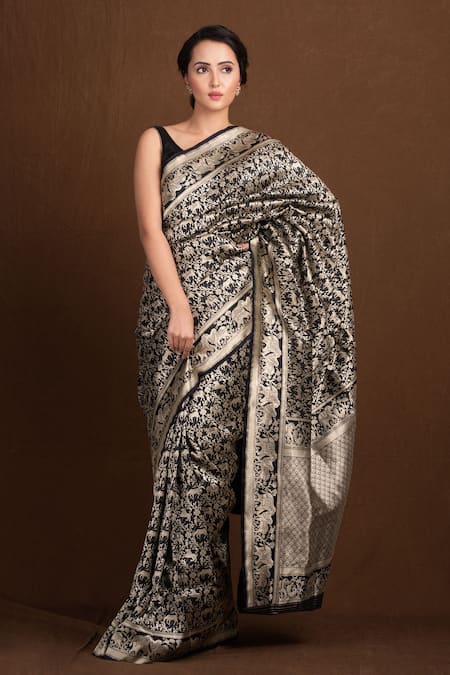 Devissha_Black Pure Katan Silk Floral, Animal Handloom Banarasi Saree_Online_at_Aza_Fashions