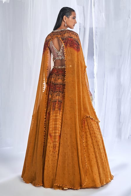 Shop Dolly J Yellow Organza Sequins, Embroidery, Beads Ekiya Love Border Cape Lehenga Set at Aza Fashions Shop_Dolly J_Yellow Organza Sequins, Embroidery, Beads Ekiya Love Border Cape Lehenga Set _at_Aza_Fashions