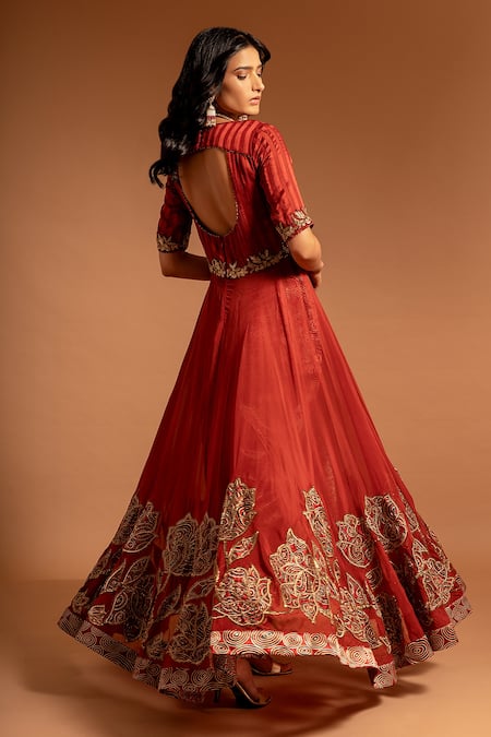 Shop_Sejal Kamdar_Maroon Pure Satin Crepe Patch Work Ajrak Round Anarakali With Pant  _at_Aza_Fashions