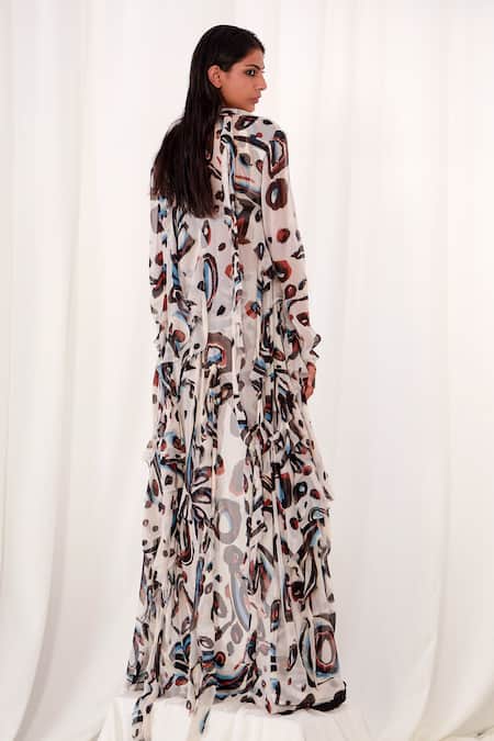 Shop AK-OK White Cotton Mandarin Collar, Round Neck Abstract Print Jacket Pant Set at Aza Fashions Shop_AK-OK_White Cotton Mandarin Collar, Round Neck Abstract Print Jacket Pant Set _at_Aza_Fashions