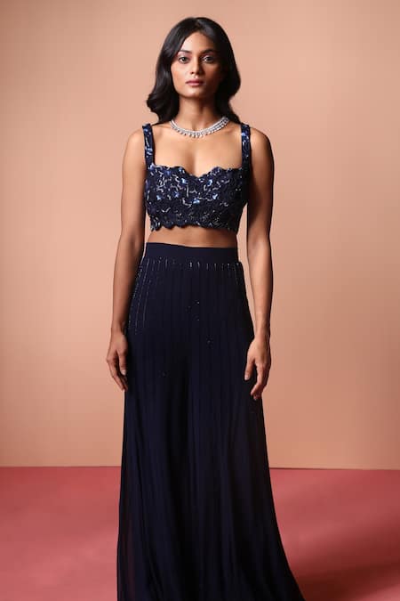 Soha By Harleen And Sona Silk Crystal Embellished Bustier With Palazzo 