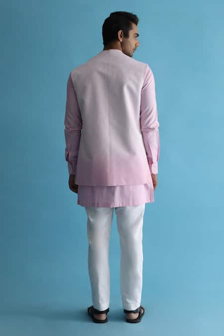 Shop_Kaha_Pink Linen Ombre-dyed Nehru Jacket And Kurta Set_at_Aza_Fashions