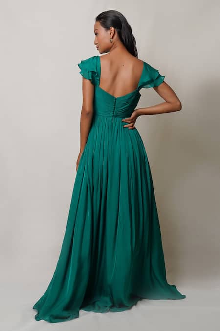 Shop_Pinup By Astha_Emerald Green Chiffon, Crepe V-neck Ruffle Sleeve V Gown _at_Aza_Fashions
