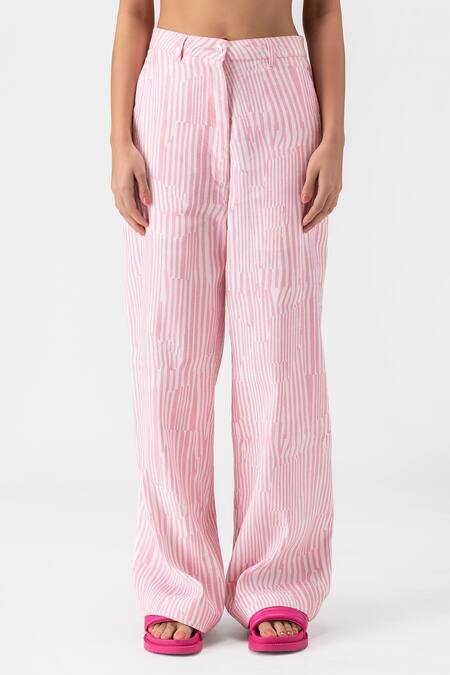 Shop Genes Lecoanet Hemant Pink Printed Stripe Flared Trouser at Aza Fashions Shop_Genes Lecoanet Hemant_Pink Printed Stripe Flared Trouser _at_Aza_Fashions