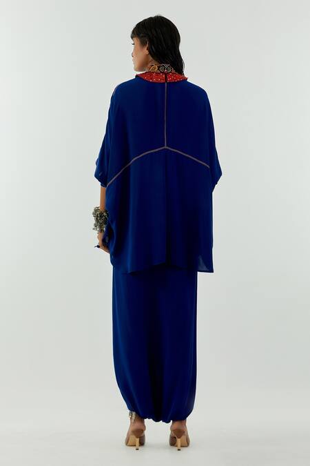 Shop_Aseem Kapoor_Blue Natural Crepe Spread Collar Mandala Shirt And Draped Trouser Set_Online_at_Aza_Fashions