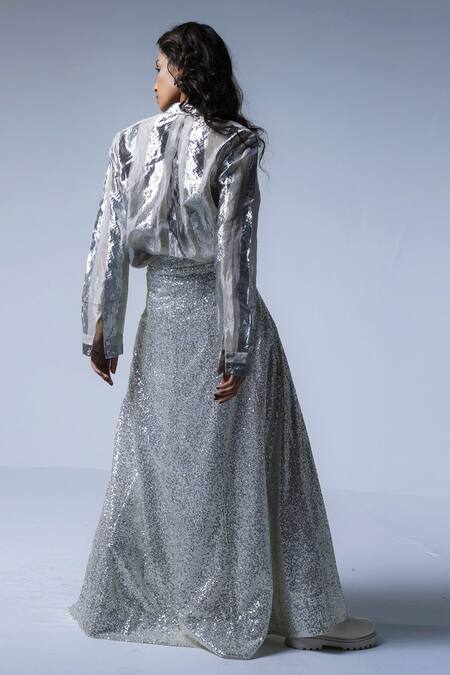 Shop_Shorshe Clothing_White Sequins Flared Skirt _at_Aza_Fashions