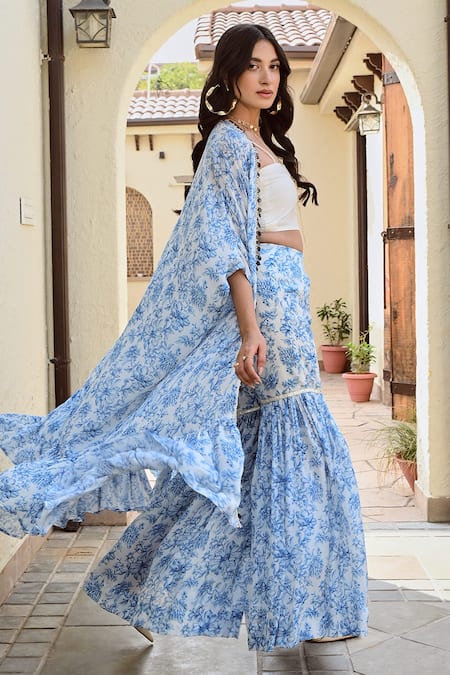 Palak & Mehak Rhea Floral Print Kaftan Cape & Flared Pant Set 
